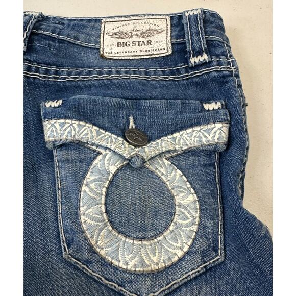 Big Star Liv Distressed Dark Wash Boot Cut Flap Pocket Jeans Womens 27x28 - Picture 1 of 16